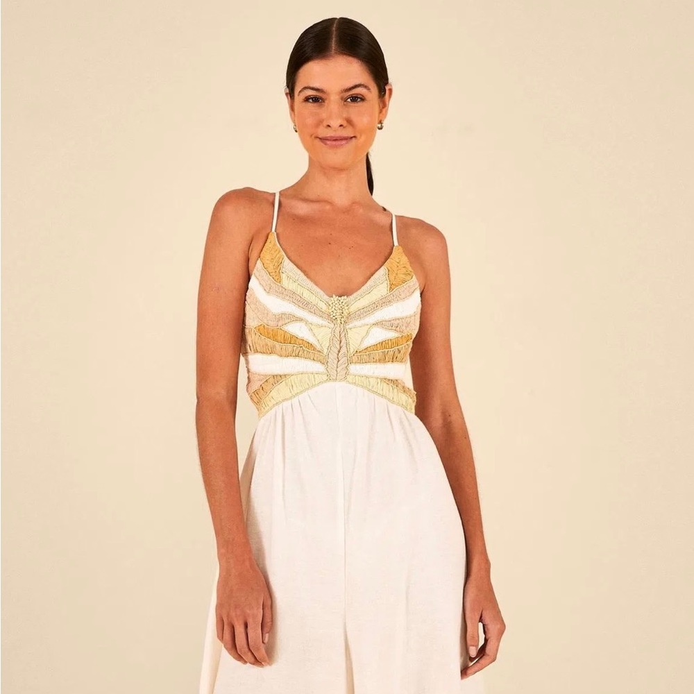 Farm Rio Off White Embroidered Jumpsuit Open Back